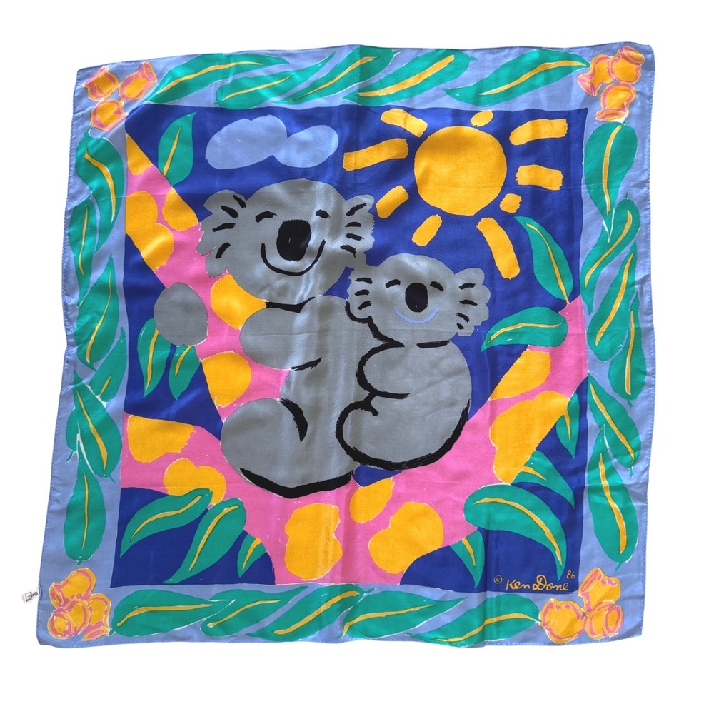 Vintage 1986 Ken Done Silk Scarf Koala Tropical 29"